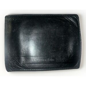 Vintage Christian Dior Men Black Leather Bifold Wallet Card Slots